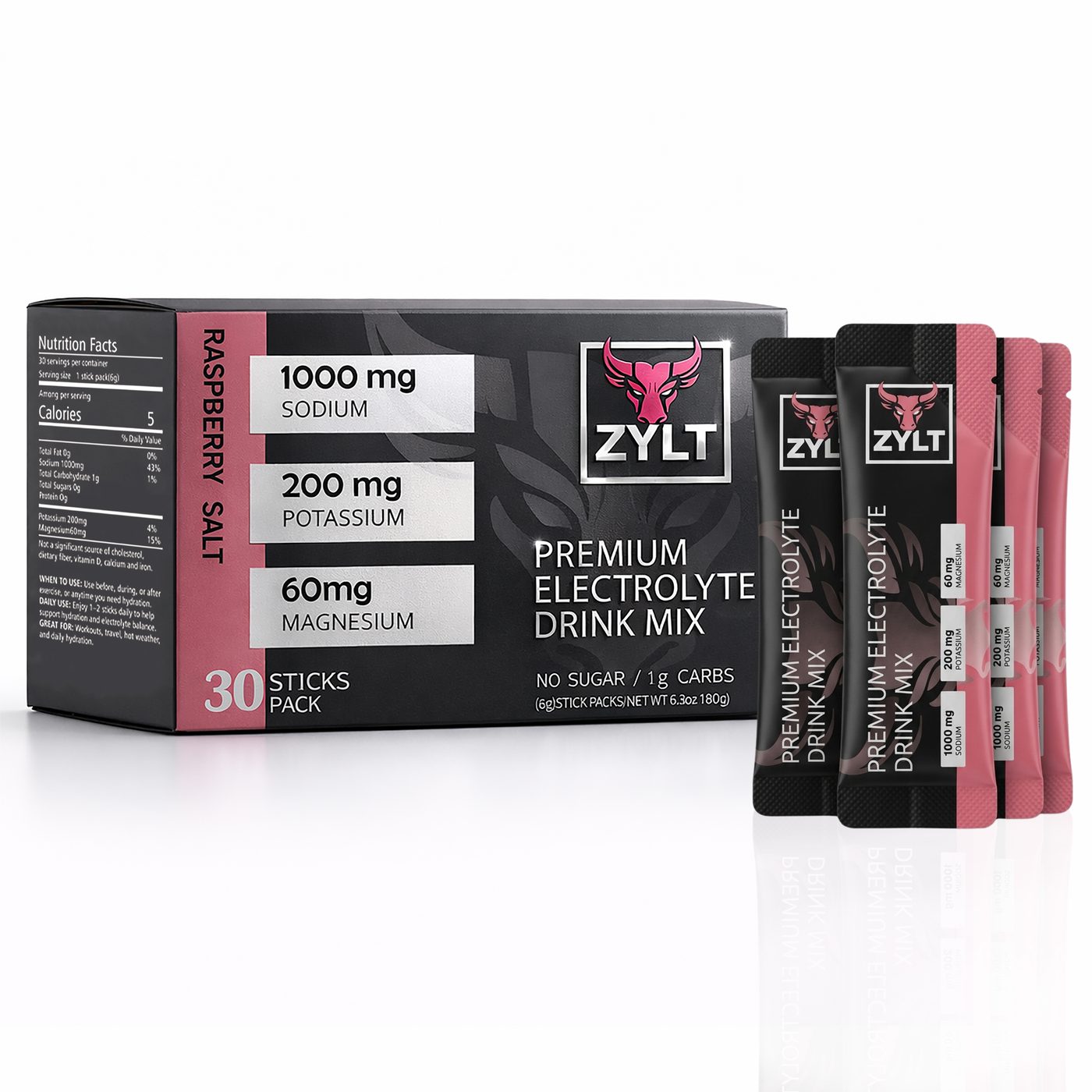 The ZYLT retail box turned to show the Nutrition Facts panel, with five raspberry salt stick packs standing beside it.