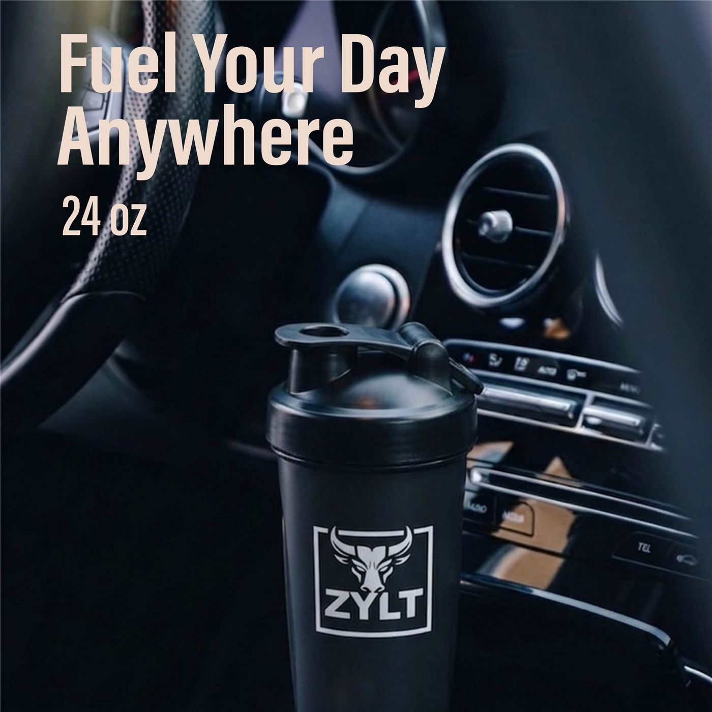 ZYLT shaker bottle in car cup holder, hydration on the go