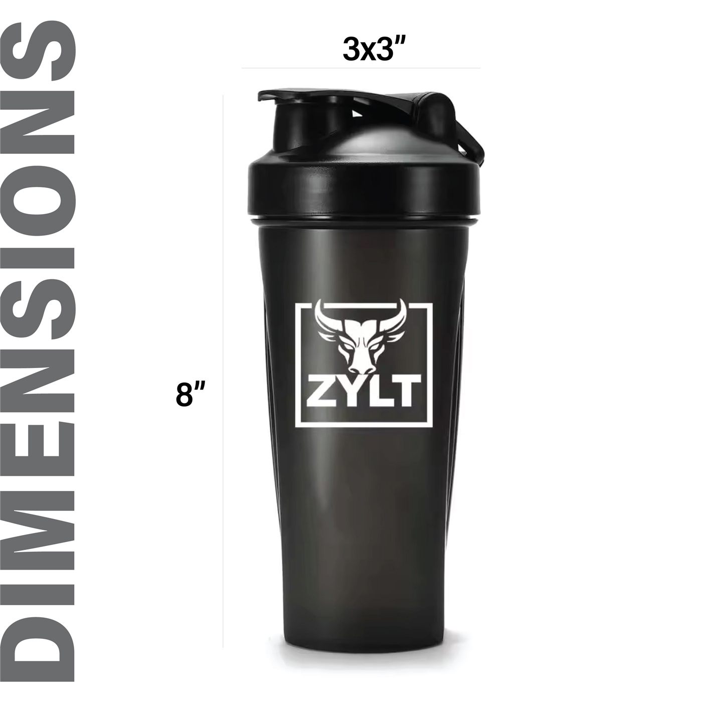 ZYLT shaker bottle dimensions, 8 inches tall by 3 inches wide