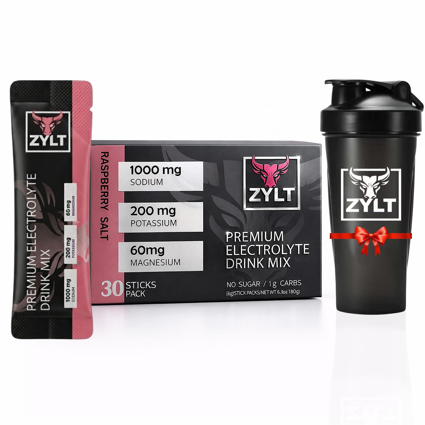 ZYLT Raspberry Salt electrolyte drink mix box, stick pack, and black ZYLT shaker bottle